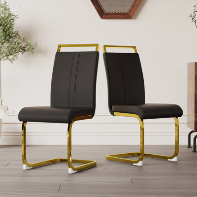 Modern PU Faux Leather High Back Dining Chairs with C-shaped Golden Metal Legs, Set of 2 for Comfort and Style