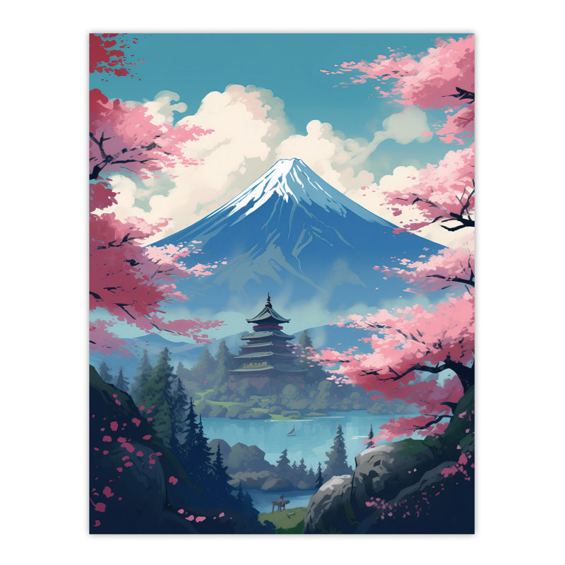 Wall Art Print Japan Temple on Mount Fuji Lake Painting Pink Cherry Blossom Trees Blooming in Tranquil Forest Landscape Poster