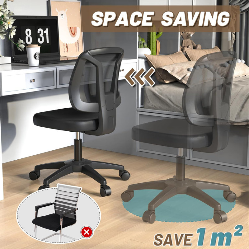 Armless Compact Rolling Office Desk Chair With Adjustable Height And Wheels