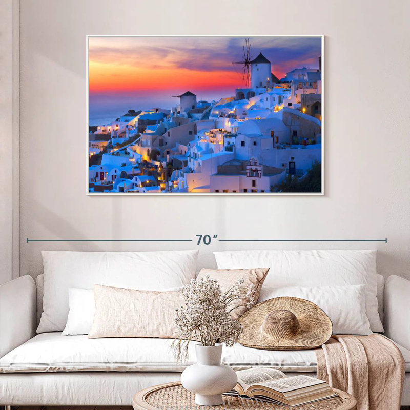 Lumières de Santorin, Cadre flottant blanc, 46 po x 31 po