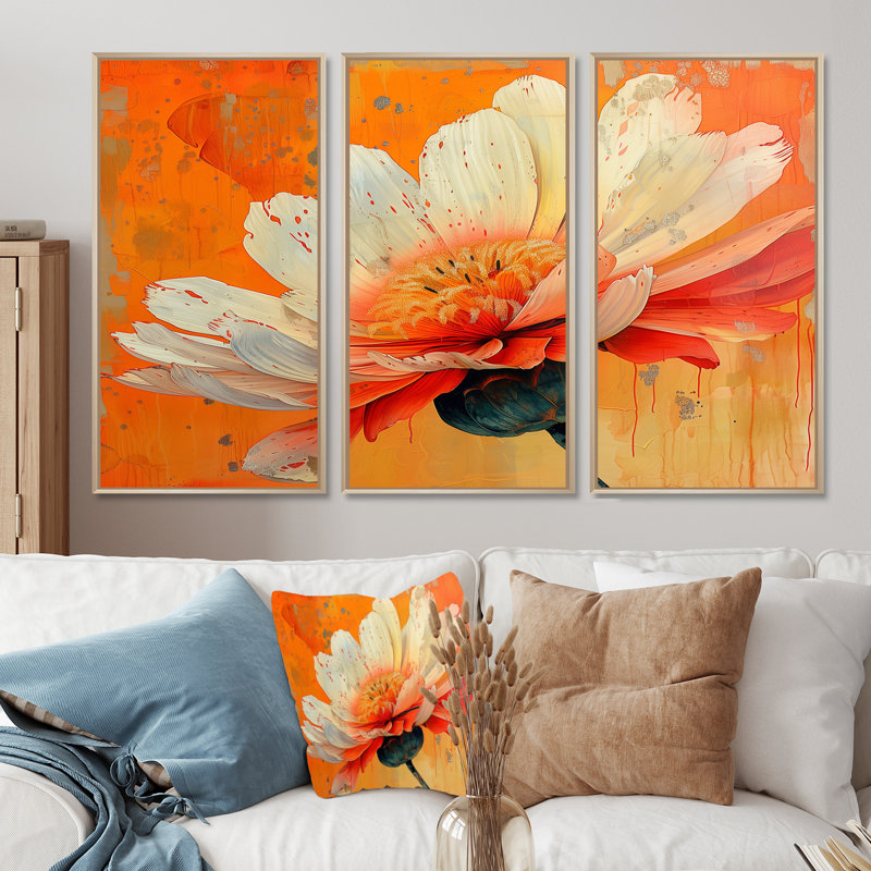 «White Orange Vibrant Burst Marigold», ensemble de reproductions d'art mural souci, Toile naturelle avec cadre flottant
