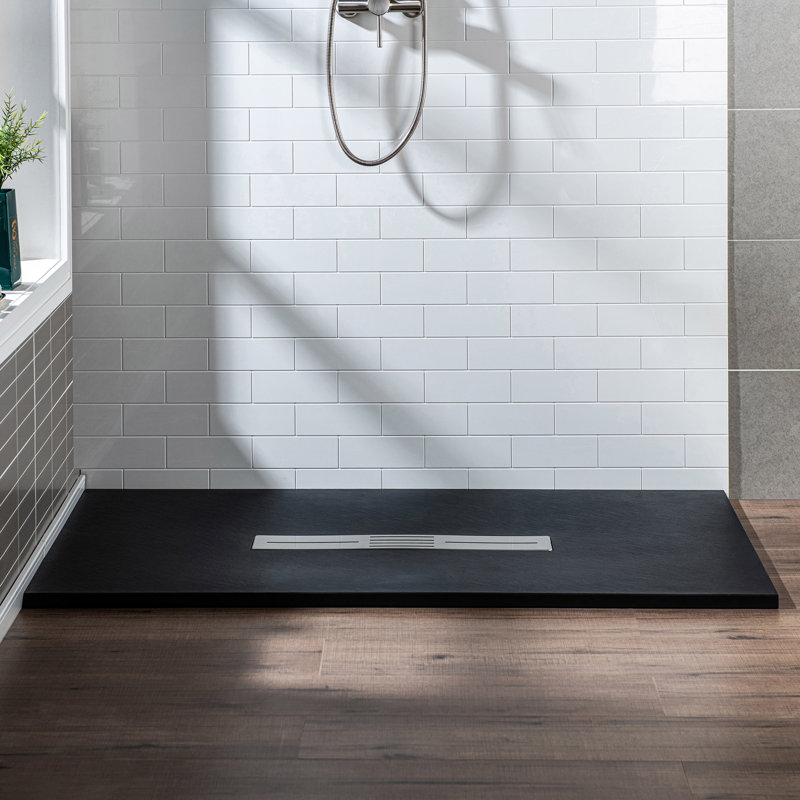 47.25" W X 31.5" D Solid Surface Shower Base, Non-Slip, Low-Profile, Curbless, Wheelchair Accessible, Black, Center