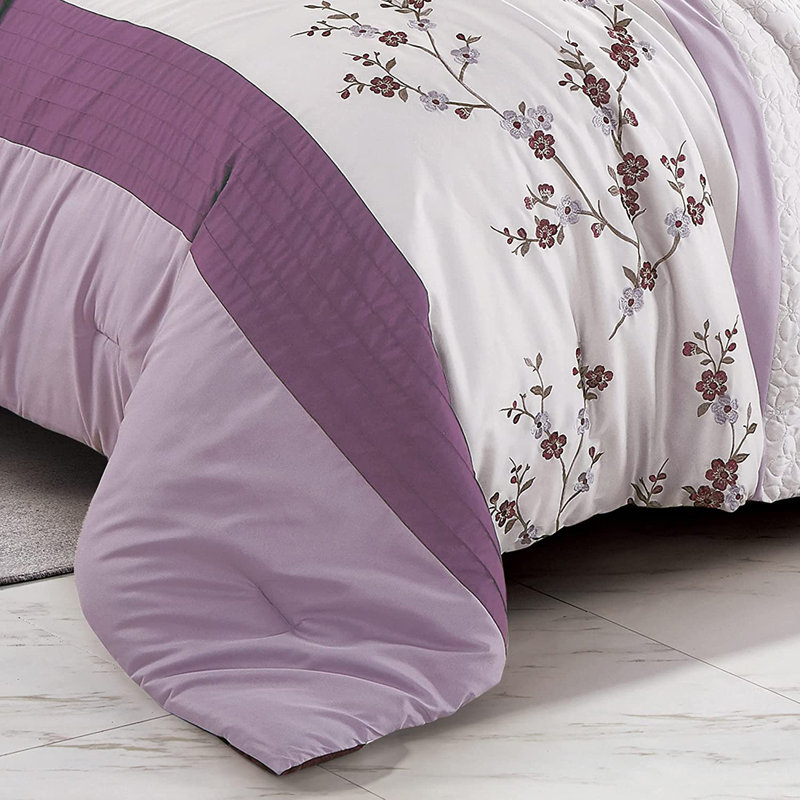 7-Pieces Cherry Blossom Floral Embroidery Comforter Set with Sheets, Full/Double Comforter + 6 Additional Pieces
