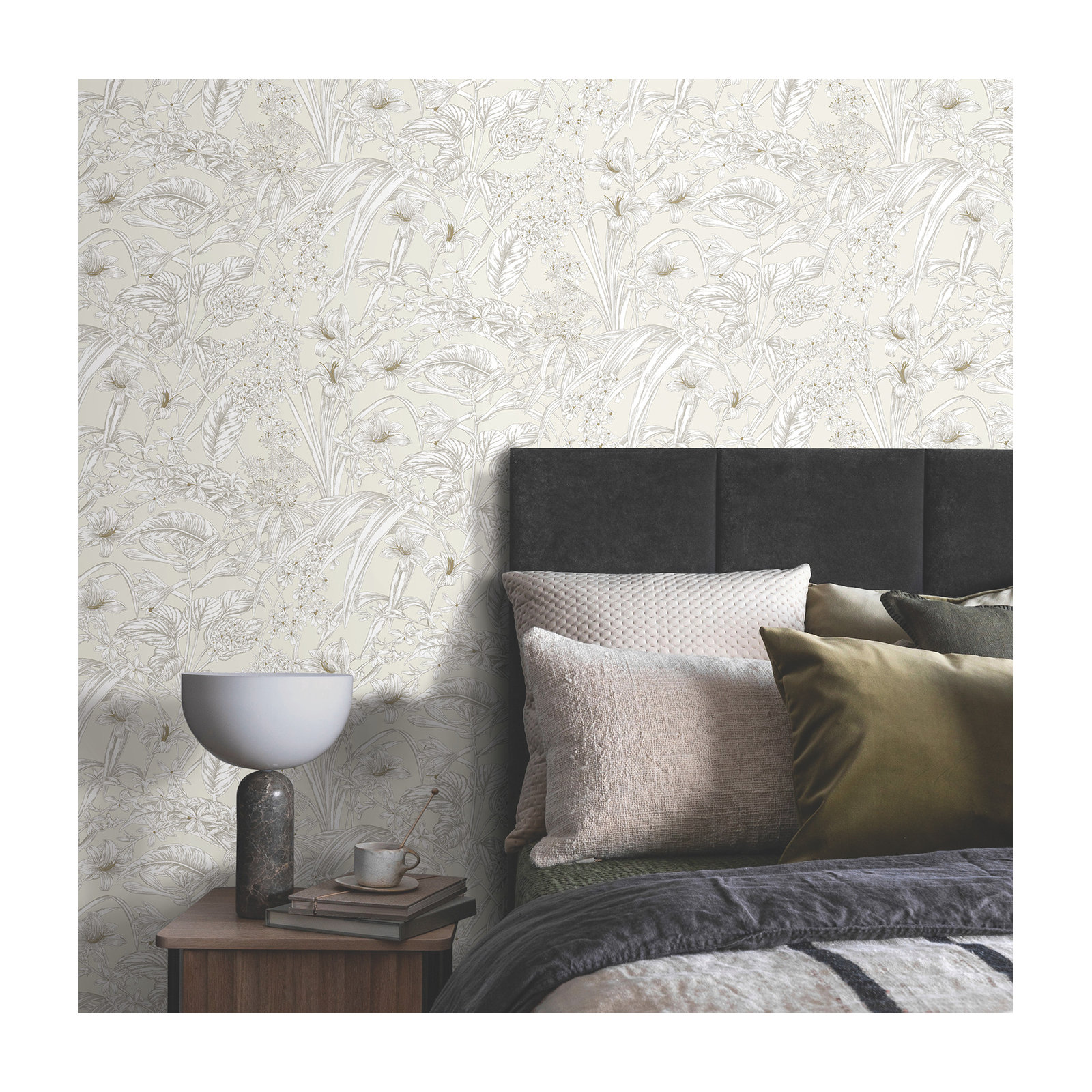 Conservatory Toile Floral,Solids Wallpaper, Beige & Taupe