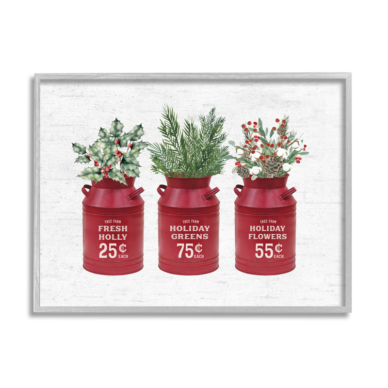 Rustic Country Jugs Festive Holiday Holly Sprigs, art numérique de la giclée noire encadrée avec lettres et lignes