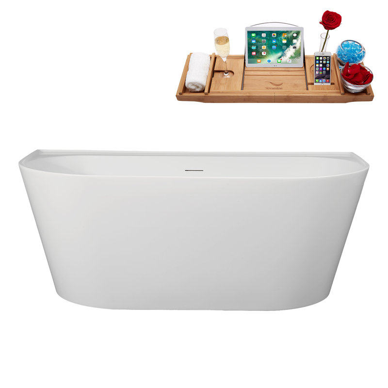 63" Streamline Soaking Freestanding Tub and Tray With Internal Drain, Brushed Nickel