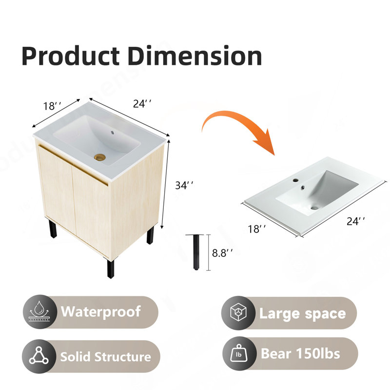 24 Inch Bathroom Vanity With Sink,  Floor - Standing Structure For Stability, Soft - Closing Doors For Noiseless Operation, Sleek Oak Finish For Modern Aesthetic(White Sink)