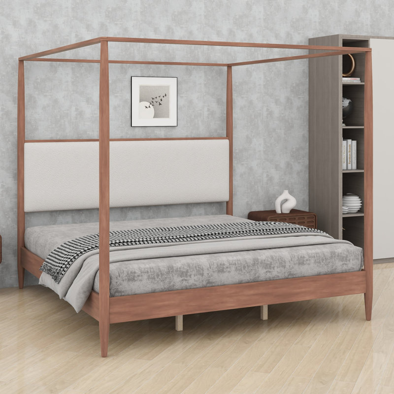 Cadre de lit à baldaquin facile à monter et tête de lit texturée pour un style moderne du milieu du siècle, King, Walnut