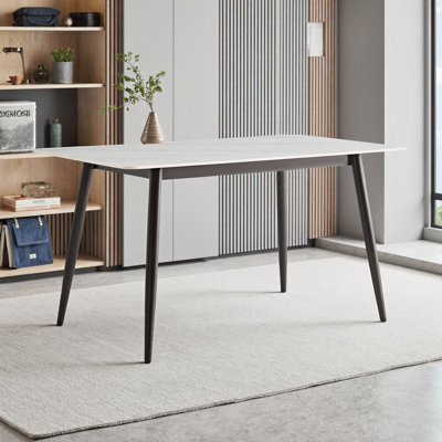 Modern 55" Rectangular Dining Table with Ceramic Top & Metal Base, Stone-Look White/Cream Finish