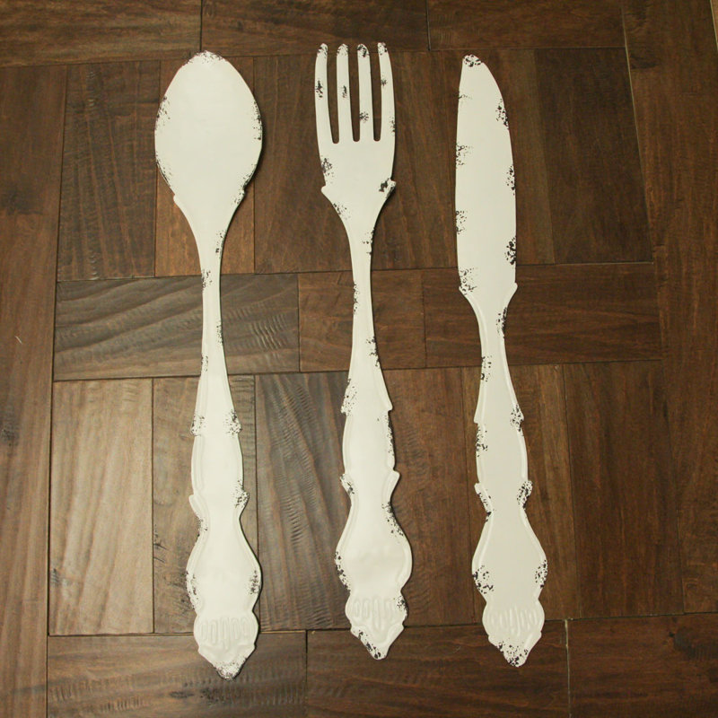 Farmhouse white galvanized metal spoon, fork and knife kitchen wall sculpture set — set of 3, 30.75-31 in. high