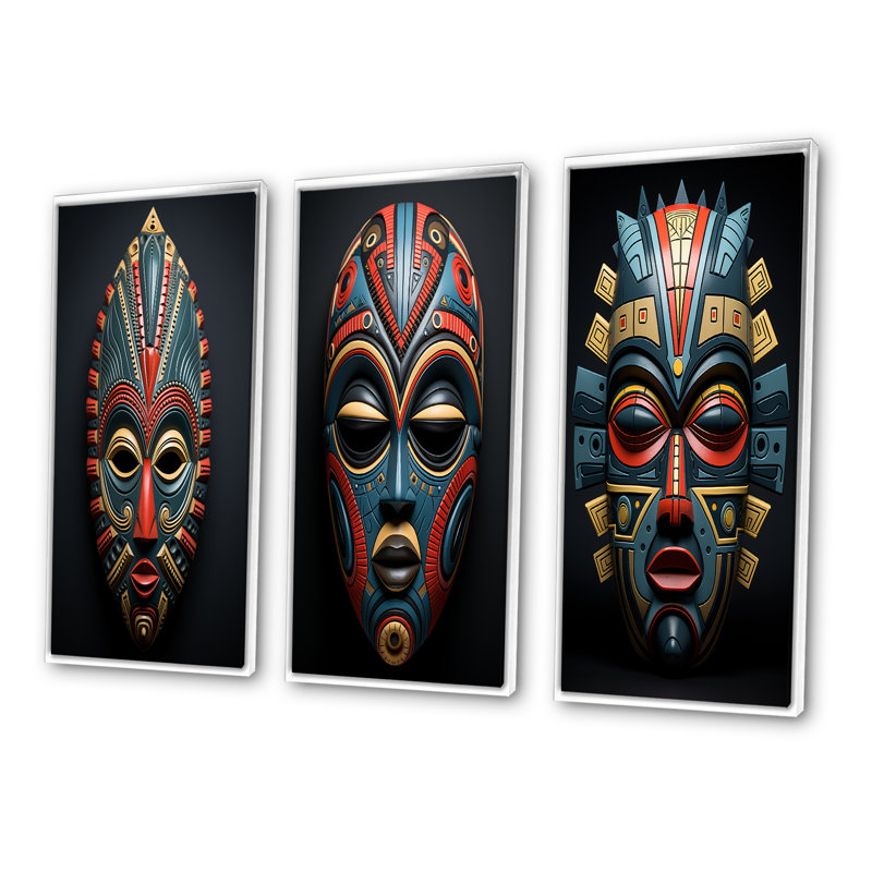 3 pièces sur toile - Masque tribal africain Pende, Cadre flottant blanc, H 32 po x l 48 po