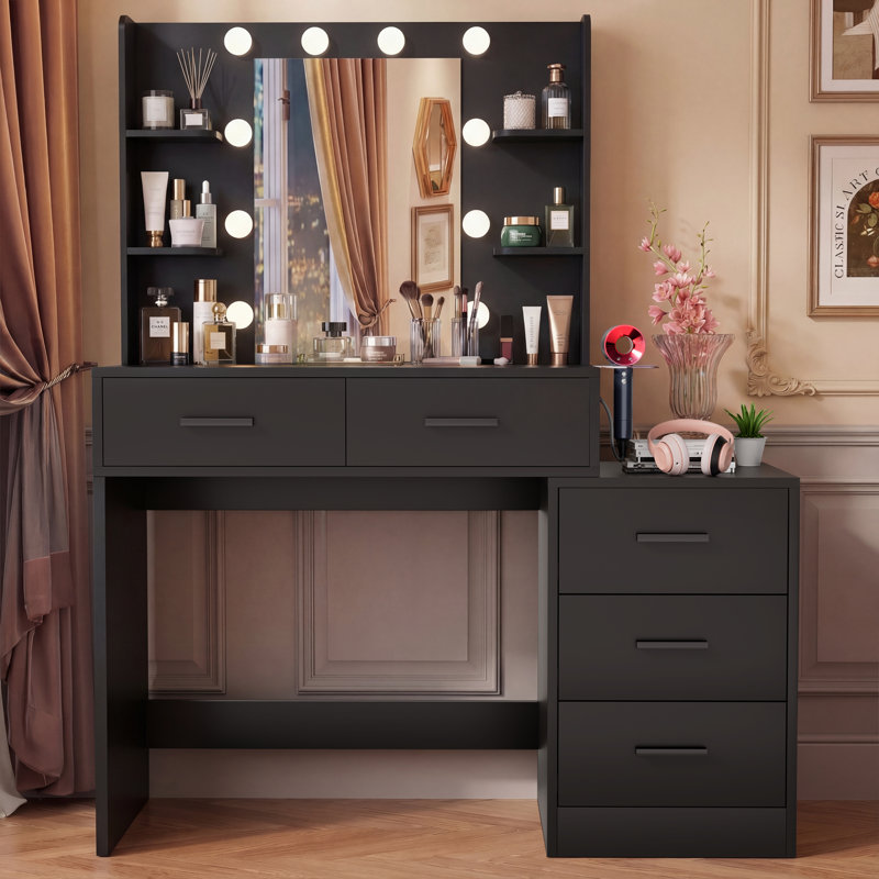 Makeup Vanity Desk with Nightstand, Lighted Mirror, Charging Station & 5 Drawers, Dimmable Dressing Table, Black