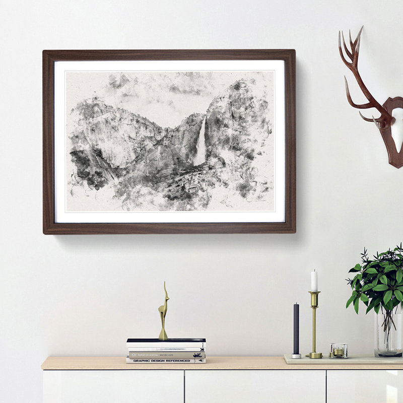 Waterfall In Yosemite Watercolour - Framed Print, 35cm H x 50cm W x 2cm D, Walnut