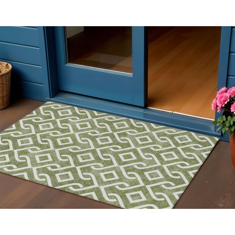 3' X 5' Olive Green And Ivory Geometric Washable Indoor Outdoor Area Rug