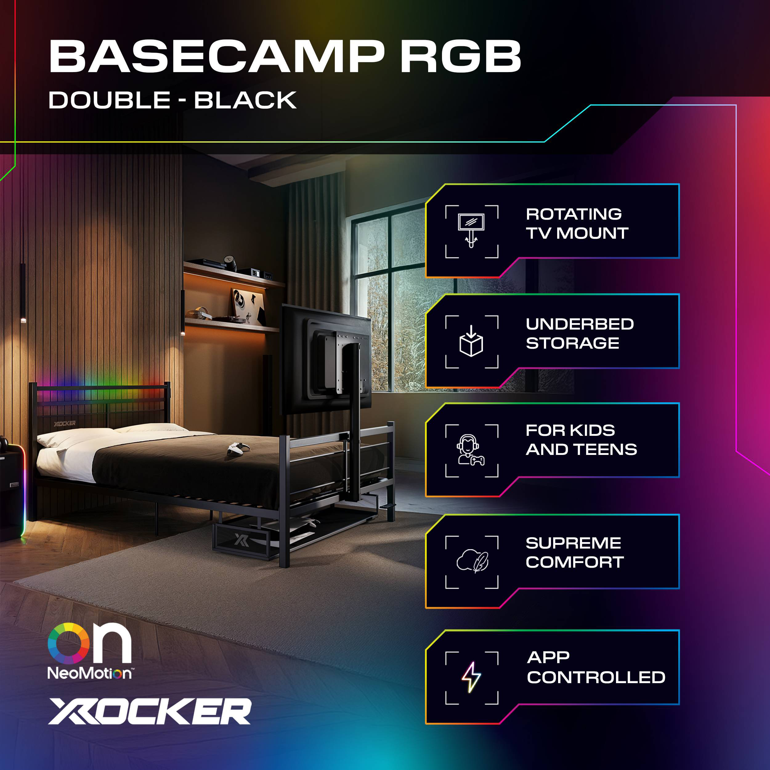 X Rocker Base Camp X Rocker Basecamp RGB Double Gaming TV Bed with App Controlled LED ...
