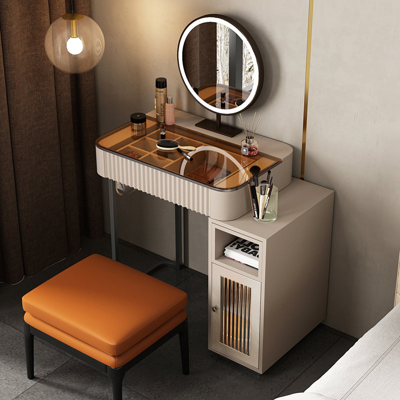 Dressing Table with Mirror, Grey/Pale Pink