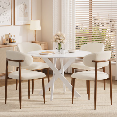 Ensemble de table de salle à manger ronde rustique, table de cuisine de ferme avec base en X et chaises rembourrées, ensemble de salle à manger moderne pour petits espaces avec sièges en tissu beige pour appartement, salle à manger
