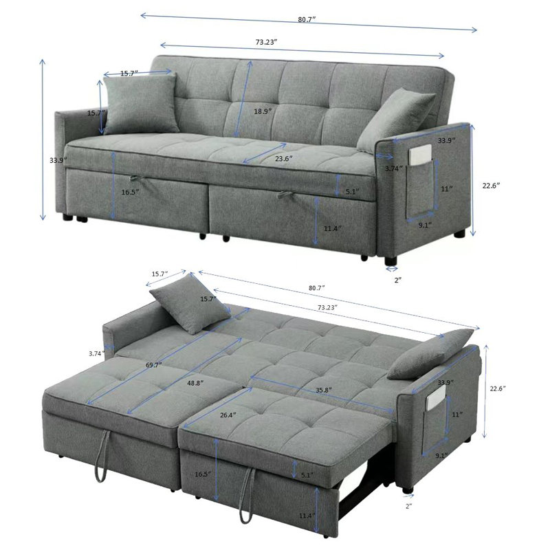 Tyjah 81” Large Size Fabric Sofa, 3-in-1 Multi-Functional Sofa Bed with Storage Space, Dark Gray