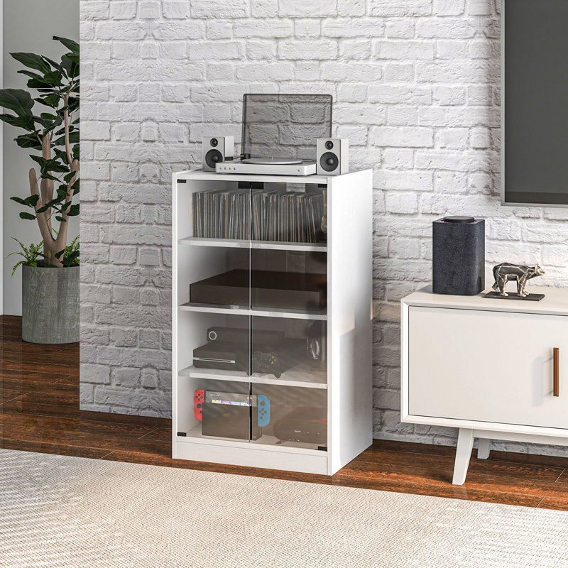 4 Media Cabinet, Tempered Glass Doors, Adjustable Shelves, Cable Management, Distressed White For Digital Audio Video Stand, Modern With Attractive