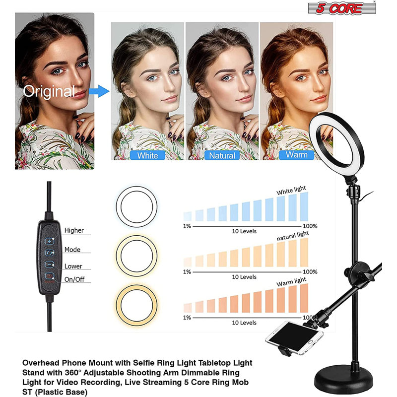 5 Core 6 Inch Ring Light with Overhead Phone Mount Dimmable Selfie LED Lights RING MOB PL