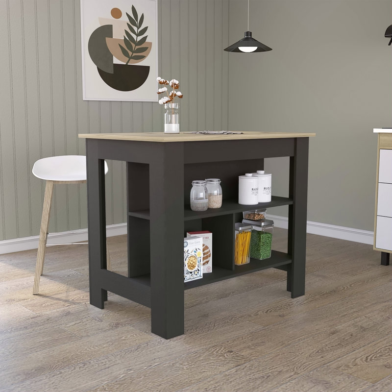 Îlot de cuisine, quatre pieds, trois tablettes, Noir, Naturel