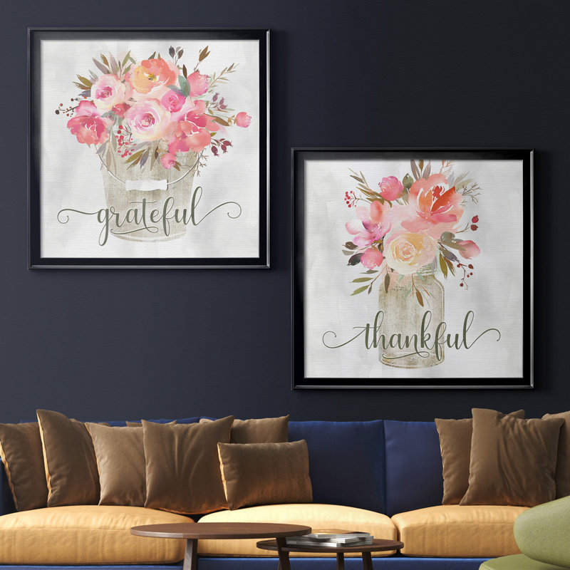 Simple Grateful Floral - ensemble de 2 reproductions d'art, H 26,5 po x l 53 po x P 1,5 po, Toile avec cadre noir