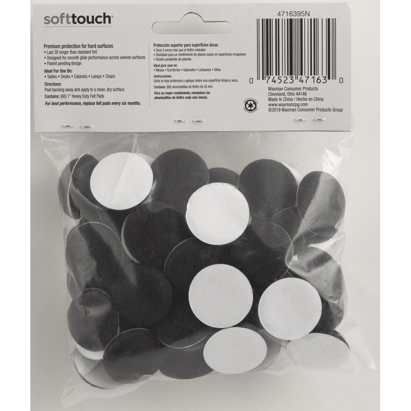 1" Round Domed Self-Stick Felt Furniture Pads, Black (60 Pack)