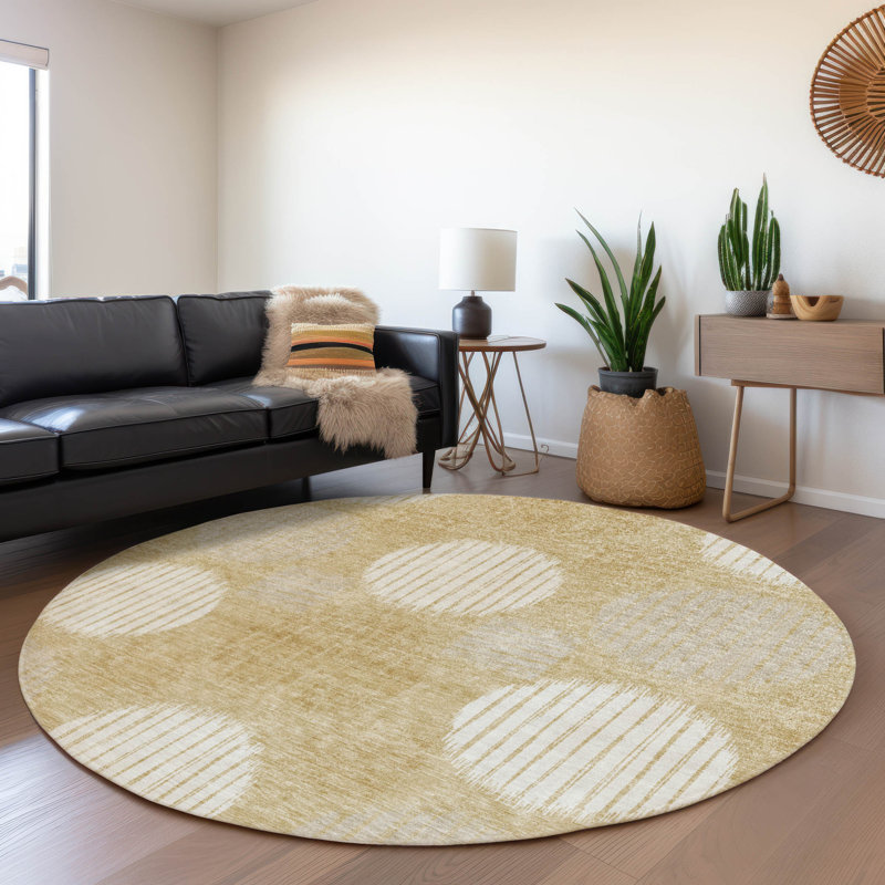 Premium Machine Washable Prisco Gold Rug, Round 8'