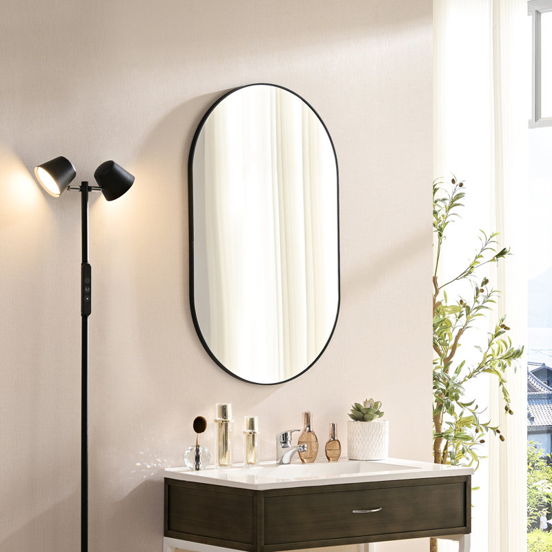 Miroir ovale 40 po x 30 po en métal noir pour salle de bain et chambre à coucher, cadre antirouille, reflet transparent, installation simple, salle de bain murale en aluminium 40 x 30, sans distorsion, 360 degrés