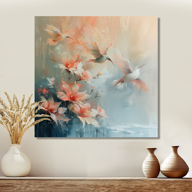 Décoration murale oiseaux blancs et roses Paradise Cove II, Toile tendue, H 16 po x l 16 po x P 1 po