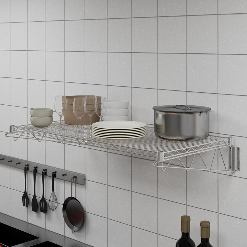 Chrome Wire Wall Mount Shelf, 8" H x 48" W x 24" D
