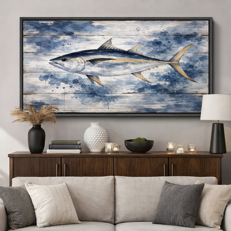 Blue Yellow Tuna Fish on Distressed Wood Coastal Nautical Wall Decor Extra Large Pictures Framed Canvas Print Wall Art, Black