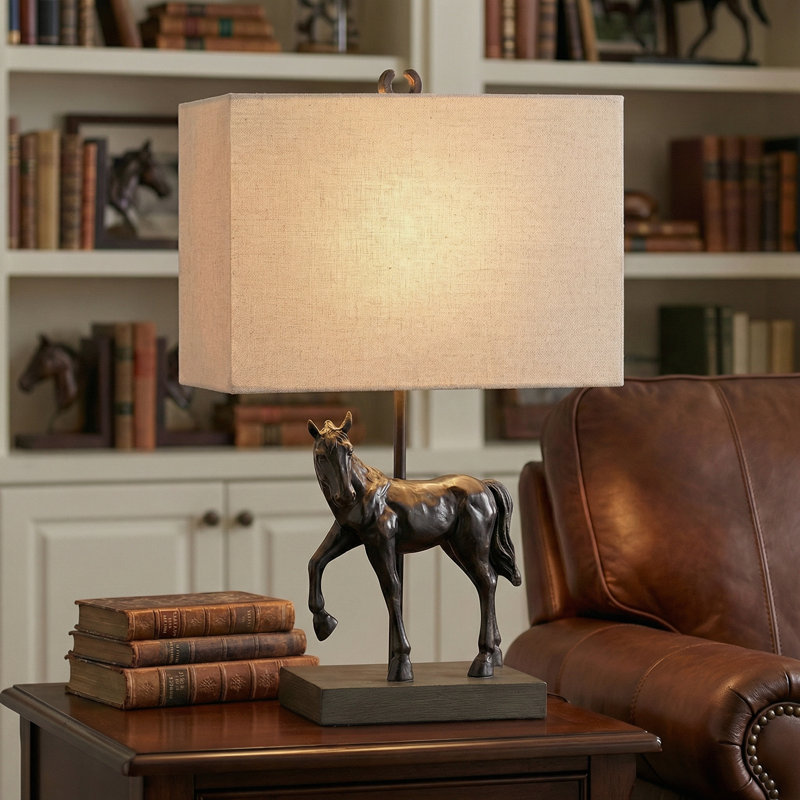 Lampe de table cheval en résine bronze 20,25 "avec abat-jour