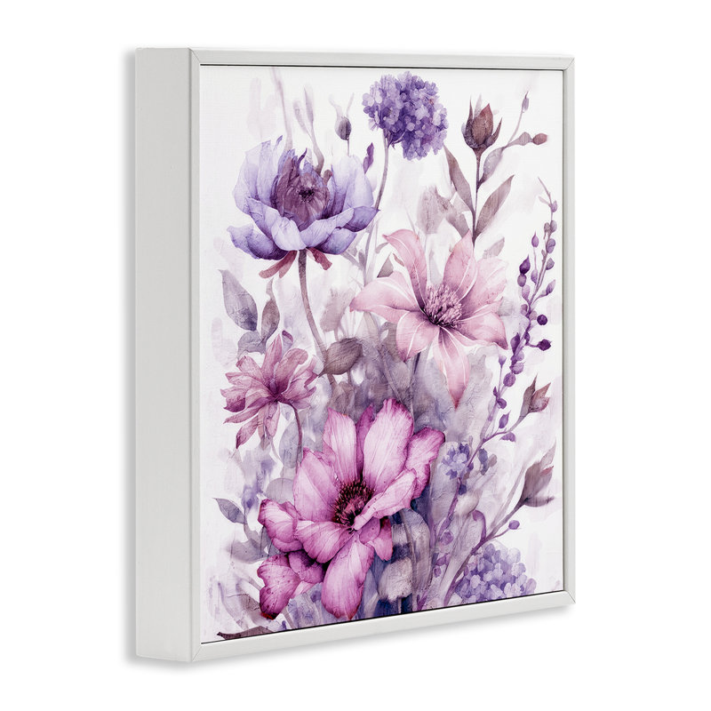 Giclée encadrée de fleurs mauves et rosées, design par Kim Allen, H 12 po x l 12 po, Encadrement giclée blanc côtier