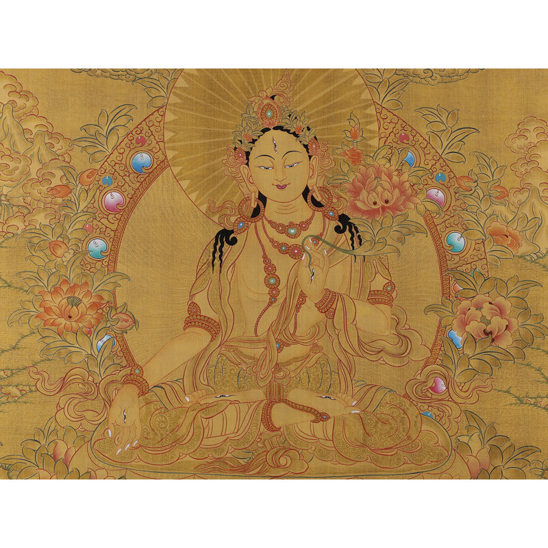 Thangka «Tara blanche - déesse de la longue vie et de la sérénité» peinte à la main | Toile de coton H 26,8 po x l 18,9 po ornée d'une feuille d'or 24 carats