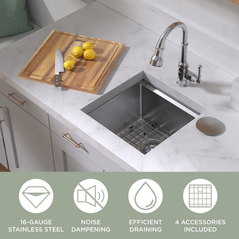 Whitehaus 18" Undermount Single Bowl 16 Gauge Brushed Stainless Steel Workstation Sink With Accessories, 18"