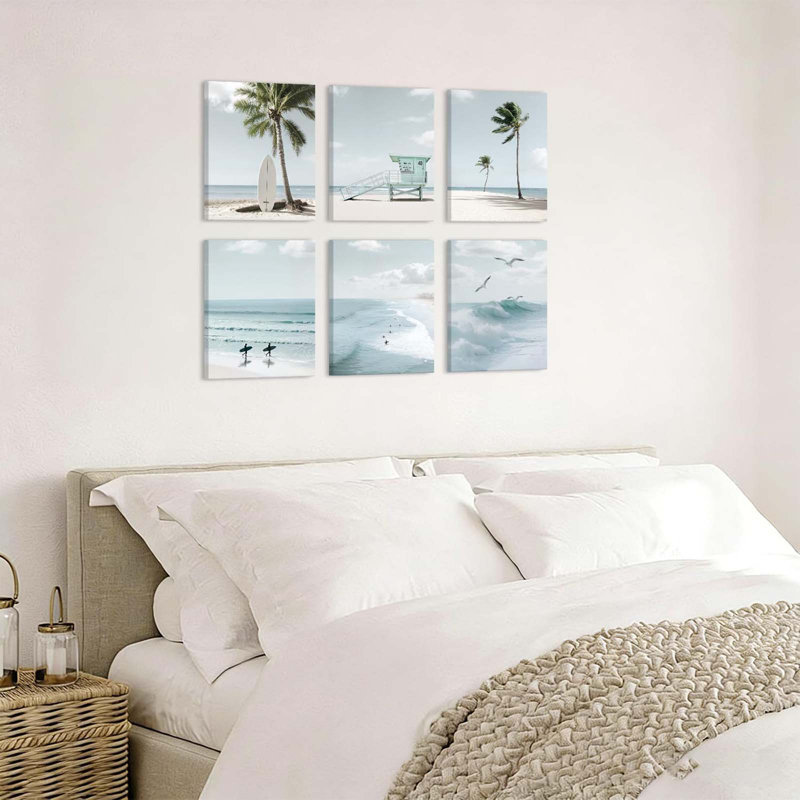 Beach Canvas Wall Art, Coastal Palm Tree Surfboard Wall Decor, 20x25cm