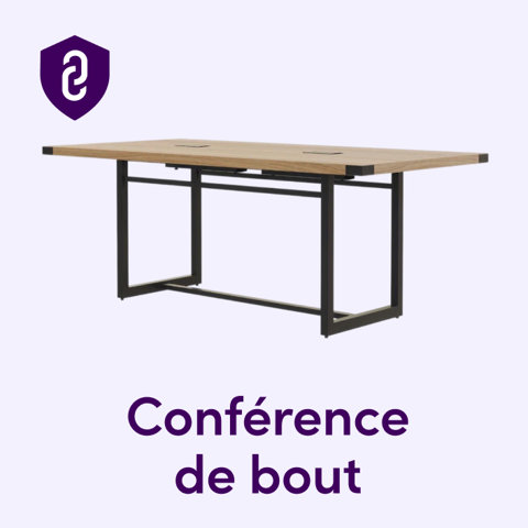 Table de conférence rectangulaire avec un plateau en bois et une structure en métal noir, accompagnée du texte Conférence de bout.