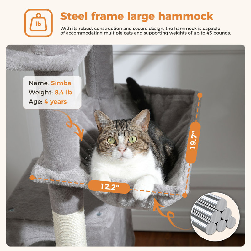 Grand arbre à chat avec appartement, hamac et balle jouet, Gris