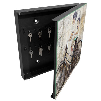 Key box for home, Opens to the left, 30x30x5, White, Street art with children riding bikes on an old wall, 