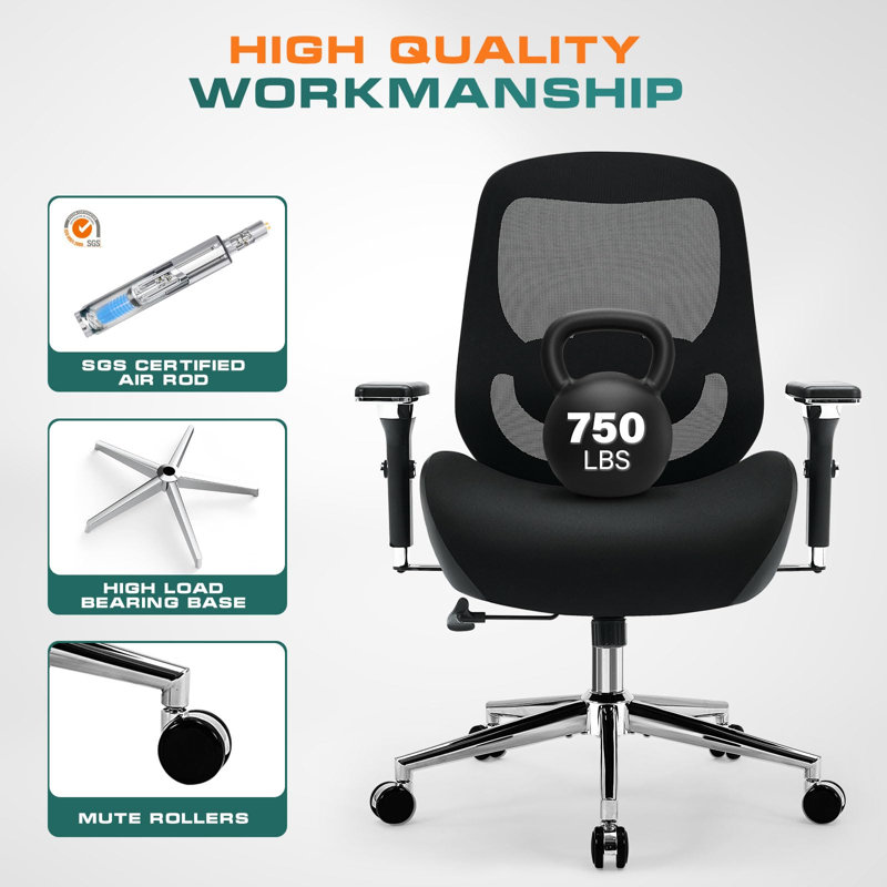 Grande et grande chaise de bureau avec coussin de siège large et épais pour les personnes lourdes Chaises de bureau ergonomiques en maille d'ordinateur avec accoudoirs 4D, soutien lombaire réglable pour adultes 8 heures de travail