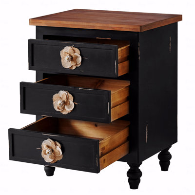 Vintage Farmhouse 3-Drawer Nightstand – Black Distressed + Floral Knobs + Gourd Legs (19"W x 14.2"D x 24.8"H)