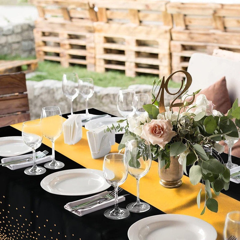 Ensemble de nappe et chemin de table - Noir / Or - Nappe en plastique jetable avec motif à pois dorés, chemin de table en satin doré, pour mariage, anniversaire, fête de naissance, anniversaire et fêtes