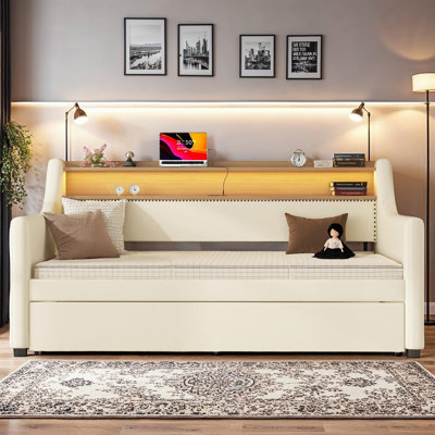 PU Leather Upholstered Twin Daybed with Trundle and LED