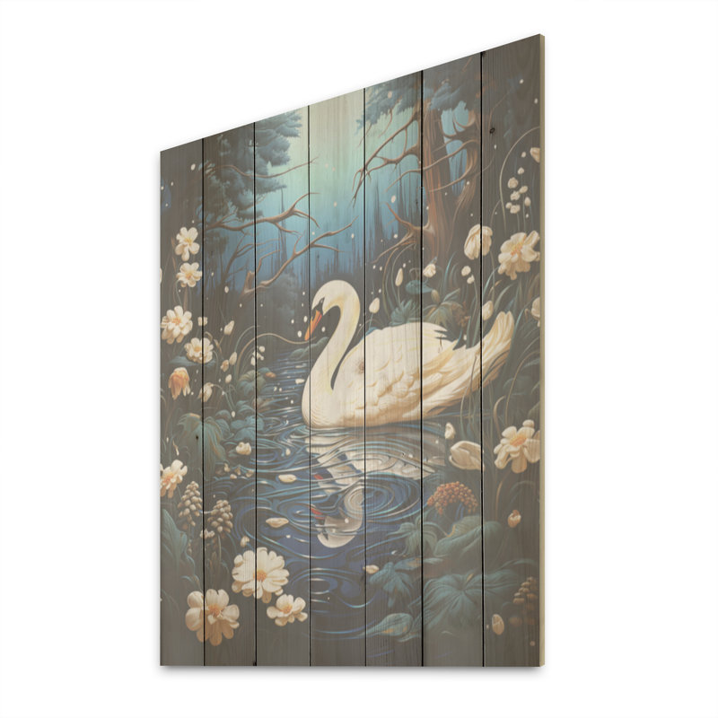 Cygne dans la nuit - cygnes, art sur bois de pin naturel, H 20 po x l 10 po