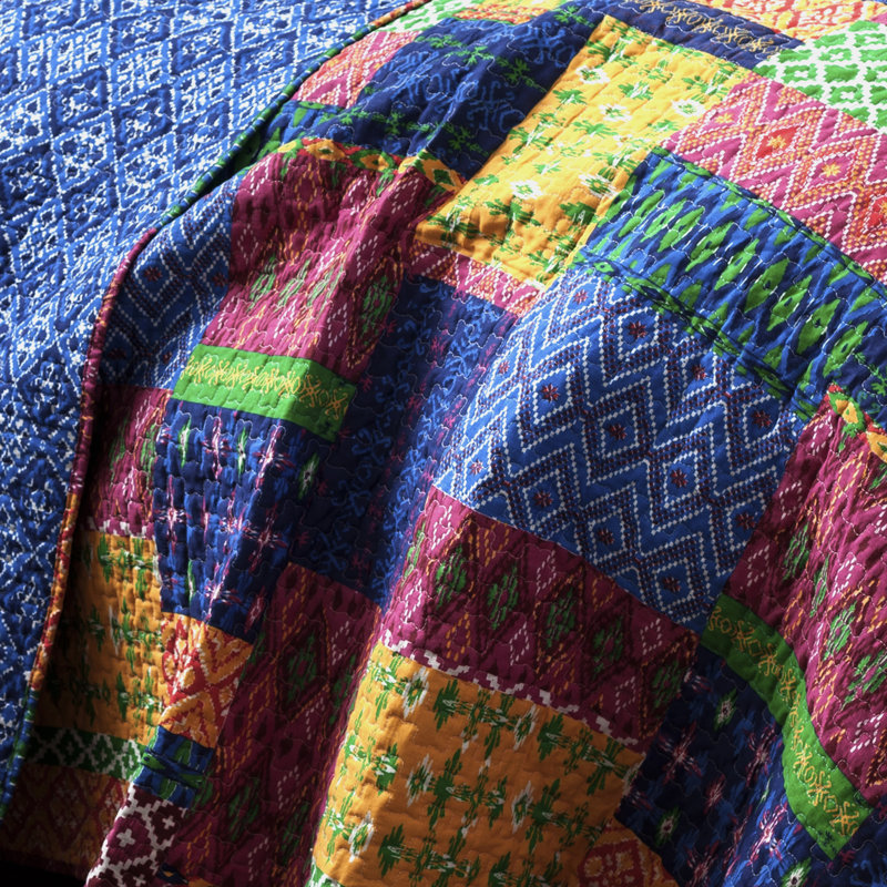 King Size Navy Cotton Reversible Patchwork Quilt Set