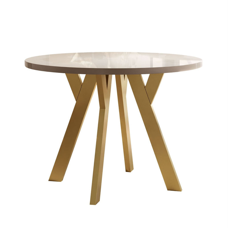 Extendable Round Metal Base Dining Table, Cashmere Gloss, Gold