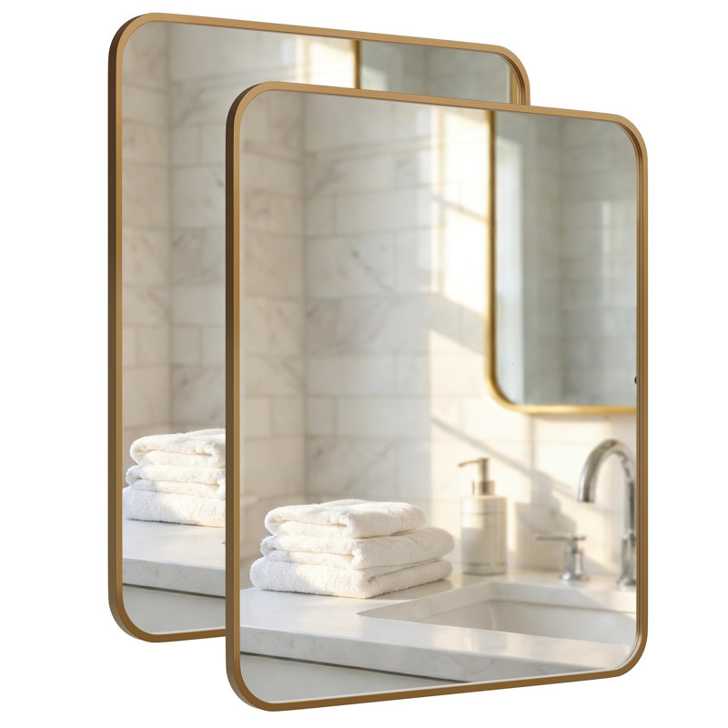 Modern Metal Frame Tempered Glass Wall  Mirrors,  Bathroom Vanity Mirror Set, 30" x 22", Champagne Gold, Rounded Corner