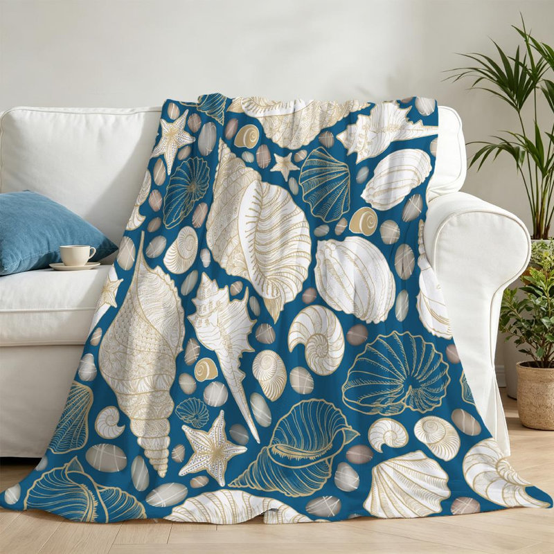 Jeté en flanelle bleue molletonnée ultra douce, imprimé coquillage vacances d'été, Jeté 50 po x 60 po