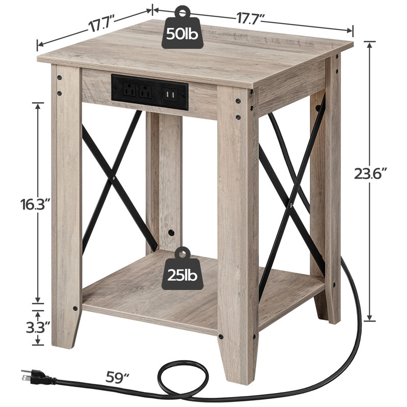 Table de bout 23,6 po avec prises intégrées Alonso, Plateau gris / base grise